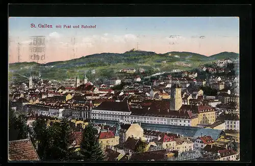AK St. Gallen, Teilansicht mit Post und Bahnhof