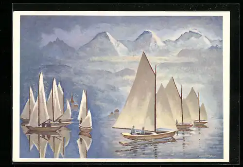 Künstler-AK Hilterfingen, Segelpartie, Panorama