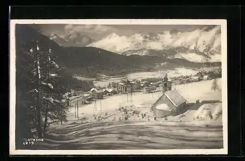 AK Pontresina, Teilansicht, Kirche mit Friedhof