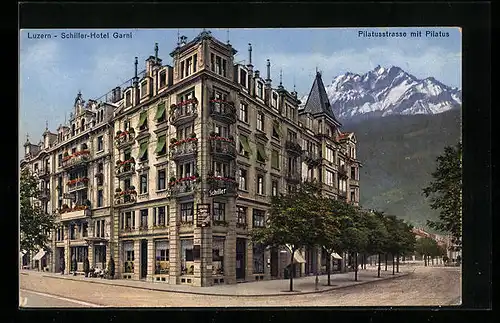 AK Luzern, Schiller-Hotel Garni, Pilatusstrasse mit Pilatus