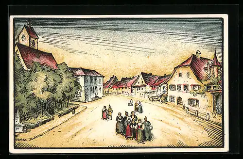 Künstler-AK Riehen, Strassenpartie mit Kirche