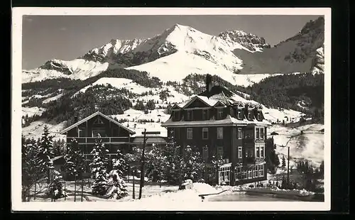 AK Adelboden, Hotel Schoenegg mit Bunderspitz und Kl. Lonner