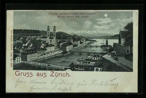 Mondschein-Lithographie Zürich, Grossmünster und Limmat mit Blick gegen die Alpen