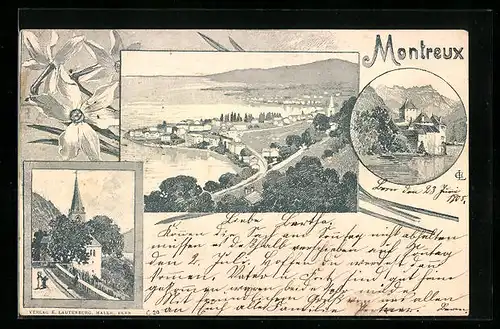 Künstler-AK Montreux, Teilansicht, Küstenpartie, Kirche