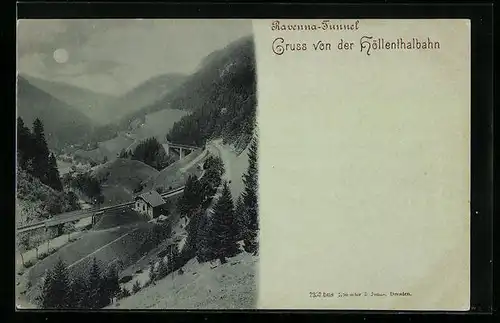 Mondschein-AK Höllsteig, Höllenthalbahn mit Ravenna-Tunnel