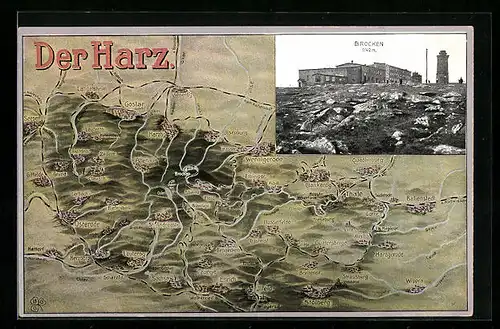 AK Brocken im Harz, Brockenhotel mit Aussichtsturm und geografische Karte