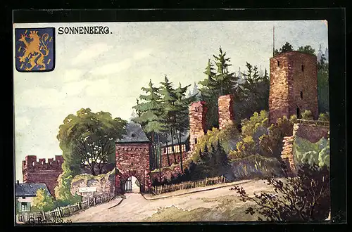 Künstler-AK Wiesbaden-Sonnenberg (westl. Taunus), Burg mit Wappen