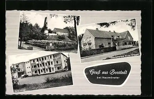 AK Boostedt bei Neumünster, Kirche, Geschäftshaus Bruno Brüggen, Berghotel