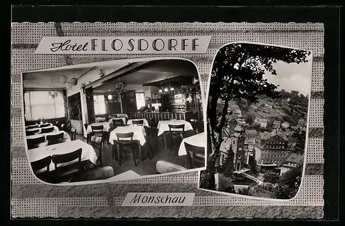 AK Monschau /Eifel, Ortsansicht und Gaststube im Hotel Flosdorff