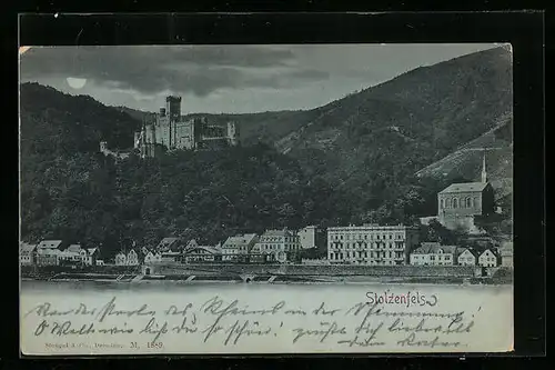 Mondschein-AK Stolzenfels, Blick über den Rhein zum Schloss und Ort