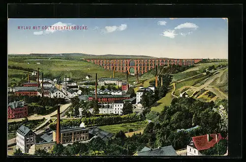 AK Mylau, Totalansicht mit Göltzschtalbrücke