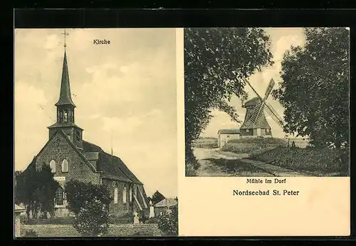 AK Nordseebad St. Peter, Kirche und Mühle im Dorf