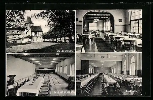 AK Remagen /Rhein, Höhenlage mit Hotel Waldburg-Bundeskegelbahn, Terrasse Rheinseite, Festhalle