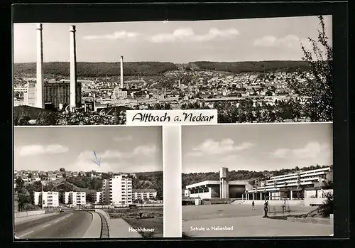 AK Altbach am Neckar, Gesamtansicht, Hochhäuser, Schule und Hallenbad