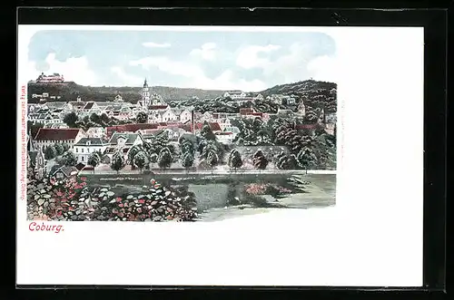 Künstler-AK Coburg, Ortsansicht aus der Vogelschau