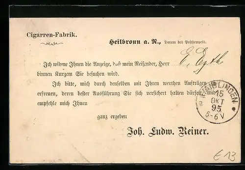 AK Heilbronn a. N., Geschäftskarte der Cigarren-Fabrik Joh. Ludw. Reiner