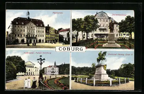 AK Coburg, Marktplatz, Josiasdenkmal, Hoftheater mit Palais Edinburg, Denkmal Herzog Ernst II.