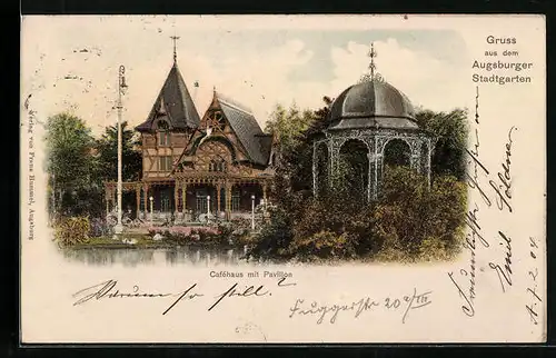 AK Augsburg, Cafèhaus mit Pavillon im Stadtgarten