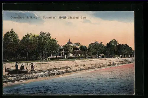 AK Haffkrug / Ostseebad, Strand mit Hotel Elisabeth-Bad