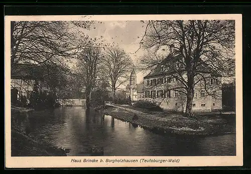 AK Borgholzhausen / Teutoburger Wald, Gasthaus Brincke, Kirche im Hintergrund
