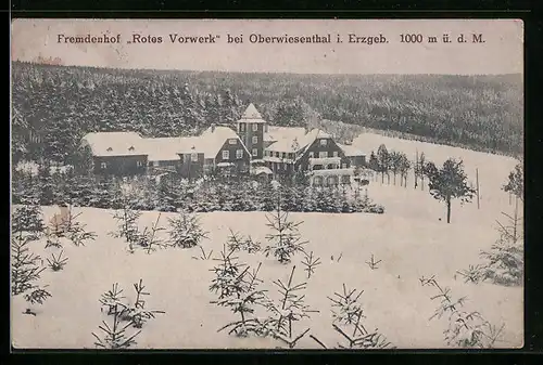 AK Oberwiesenthal i. Erzgeb., Fremdenhof Rotes Vorwerk im Winter