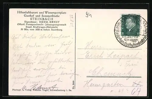 AK Steinbach bei Johanngeorgenstadt i. Erzgeb., Gesamtansicht mit Gasthof Steinbach