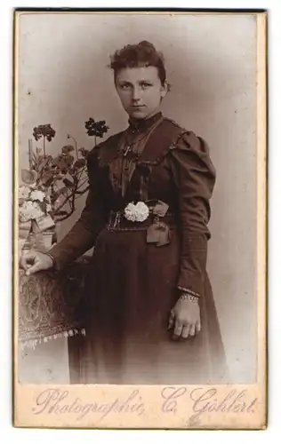 Fotografie C. Göhlert, Dresden, Radebergerstr. 54, Portrait bildschönes Fräulein in prachtvollem Kleid