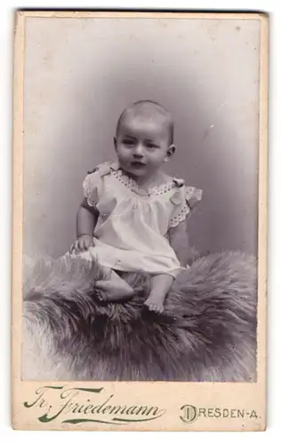 Fotografie Fr. Friedemann, Dresden-A., Rosenstr. 48, Portrait süsses Baby im Hemdchen auf Fell sitzend