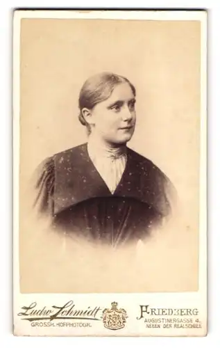 Fotografie Ludw. Schmidt, Friedberg, Augustinergasse 4, Portrait schönes Fräulein mit Brosche am Blusenkragen