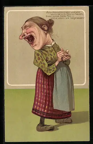 AK Frau mit grossem Mund und Falten im Gesicht reibt sich die Hände, frauenfeindlicher Humor