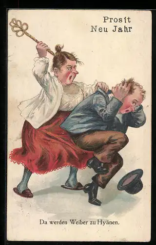 AK Da werden Weiber zu Hyänen., wütende Frau verhaut ihren Mann mit einem Teppichklopfer