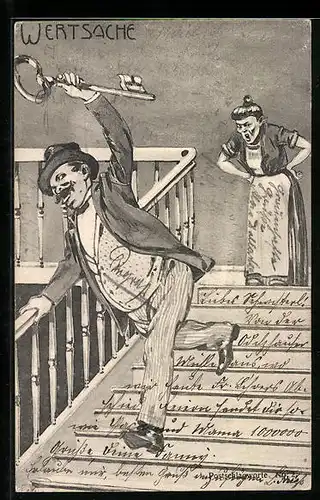 AK Wertsache, Mann rennt mit grossem Schlüssel vor seiner Frau davon, frauenfeindlicher Humor
