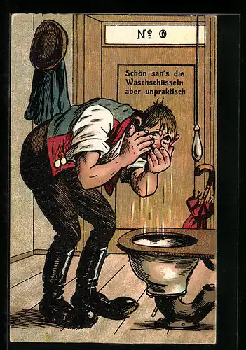 AK Schön san's die Waschschüsseln aber unpraktisch, Mann wäscht sich an einer Toilettenschüssel das Gesicht