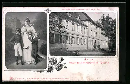 AK Alexandersbad / Fichtelgeb., Schloss & Wohnsitz von Königin Luise, Portrait mit beiden Söhnen