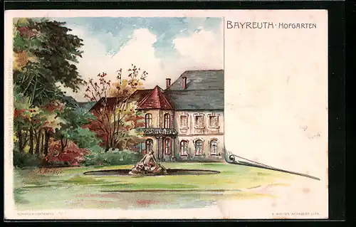 Lithographie Bayreuth, Hofgarten mit Brunnen