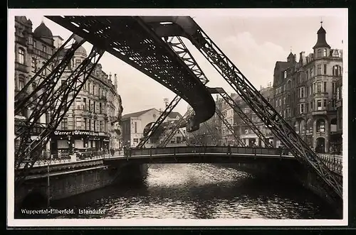 AK Wuppertal-Elberfeld, Islandufer mit Schwebebahn