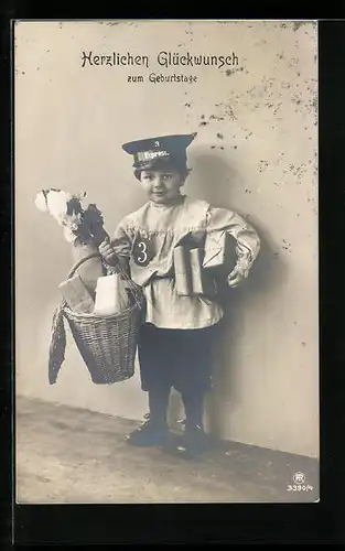 AK Kleiner Page mit Geschenken und Blumen