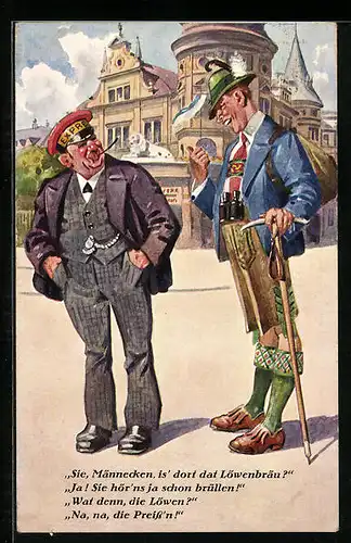 Künstler-AK Bergsteiger fragt Pagen nach dem Weg zum Löwenbräu