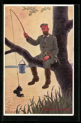Künstler-AK H.S.B.: Polnische Karpfen, Soldat angelt einen Schuh