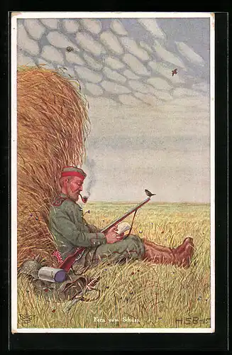 Künstler-AK H.S.B.: Fern vom Schuss, Soldat auf einer Wiese