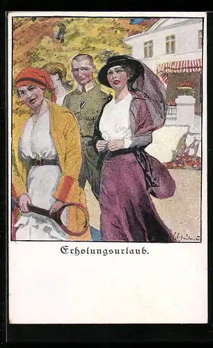 Künstler-AK Ernst Heilemann: Erholungsurlaub, Soldat im Urlaub, Tennisschläger