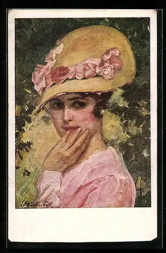 Künstler-AK Ernst Heilemann: Schüchtern guckende Dame mit Hut