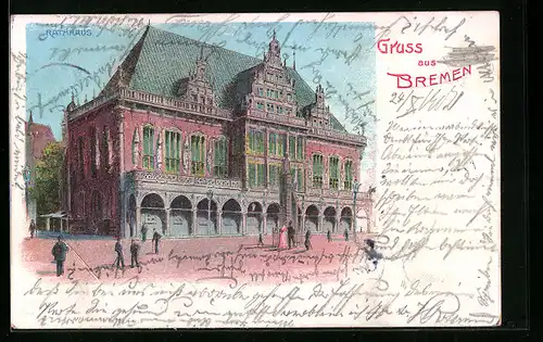 Lithographie Bremen, Passanten vor dem Rathaus