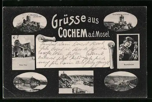 AK Cochem a. d. Mosel, Winneburg von Süden gesehen, Altes Thor, Mosellauf, Moselblümchen