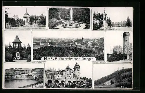 AK Hof a. Saale, Generalansicht der Stadt, Theresien-Anlagen, Pavillon, Aussichtsturm, Brunnen im Park