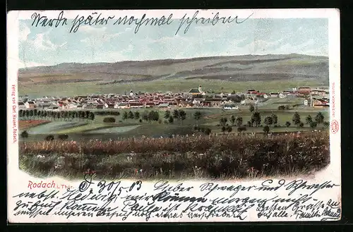 Lithographie Rodach i. Thür., Panoramansicht der Stadt