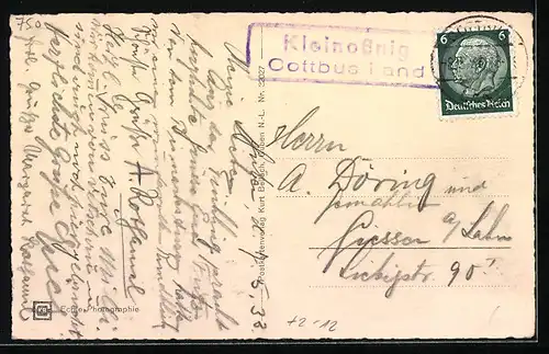 AK Guben, Blick auf den Bismarckturm in der Baumblüte, Landpoststempel