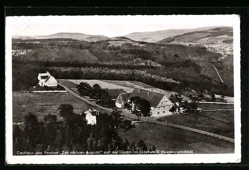 Passepartout-AK Tromm im Odenwald, Gasthaus und Pension Zur Schönen Aussicht, Fliegeraufnahme, Landpoststempel