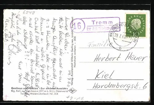 Passepartout-AK Tromm im Odenwald, Gasthaus und Pension Zur Schönen Aussicht, Fliegeraufnahme, Landpoststempel