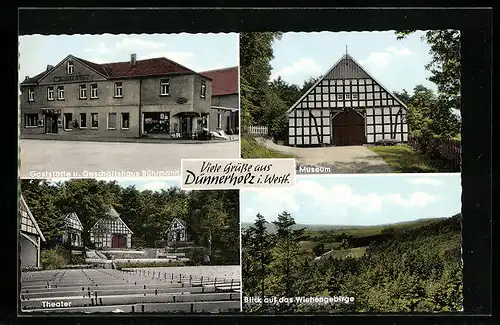 AK Dünnerholz in Westf., Gaststätte und Geschäftshaus Bührmann, Theater, Museum, Blick auf das Wiehengebirge